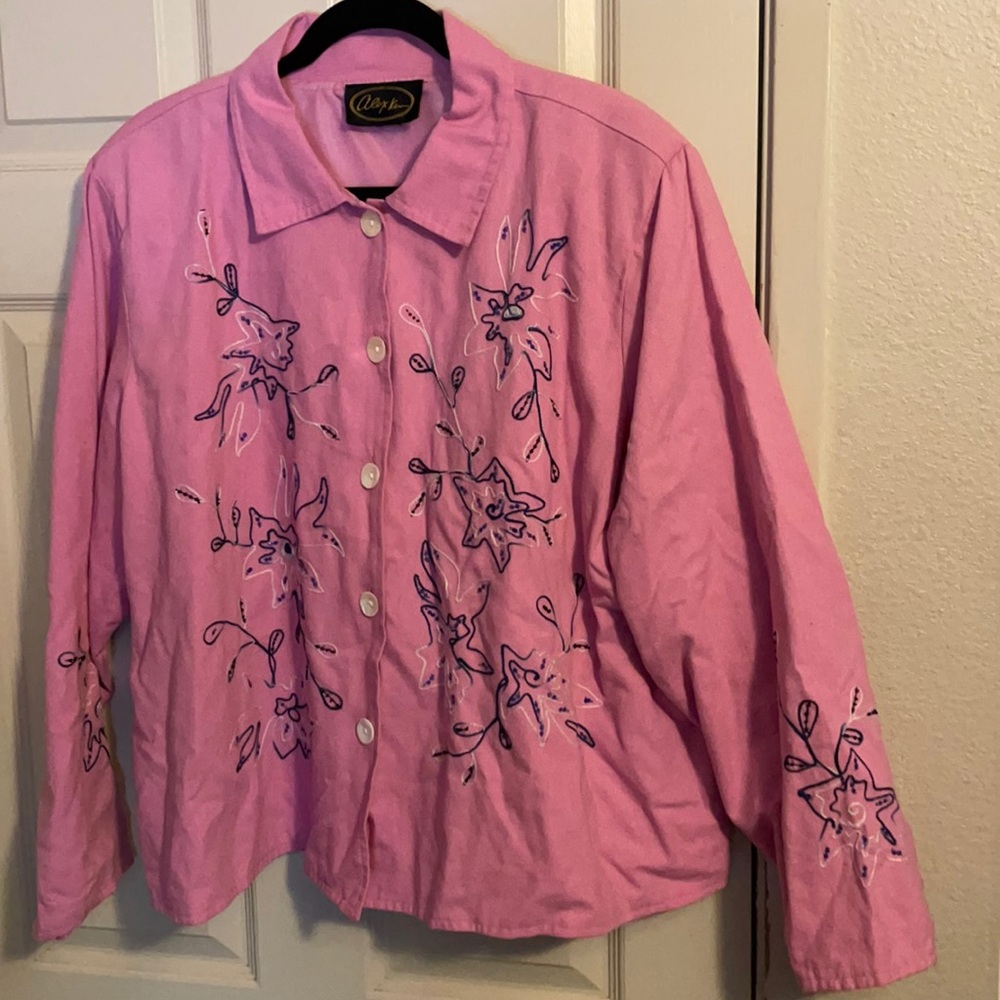 Vintage 90s Alex Kim pink floral applique embroidered lined jacket blazer